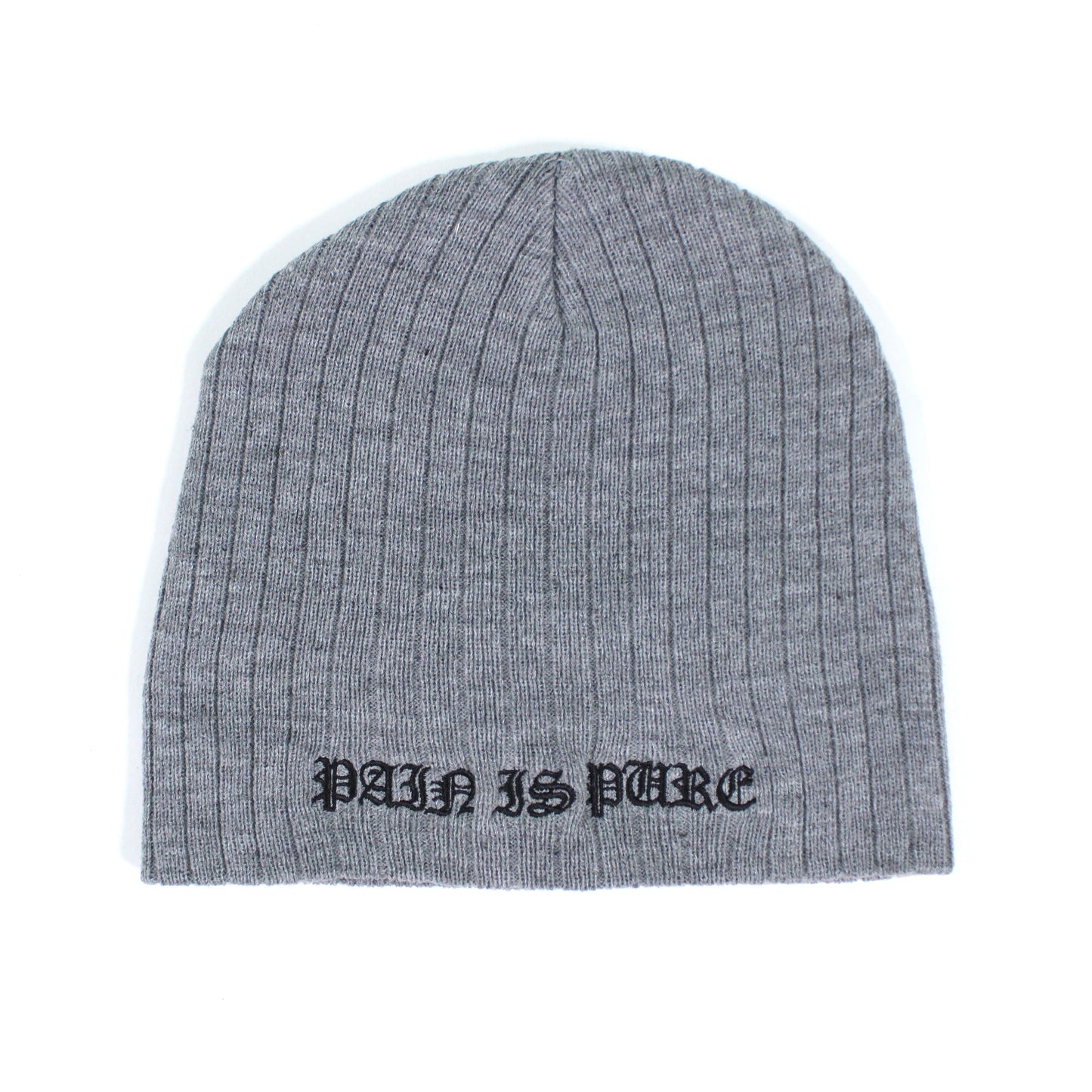 PAIN IS PURE ‘PURE’ LOGO RIBBED BEANIE HEATHER GREY/BLACK