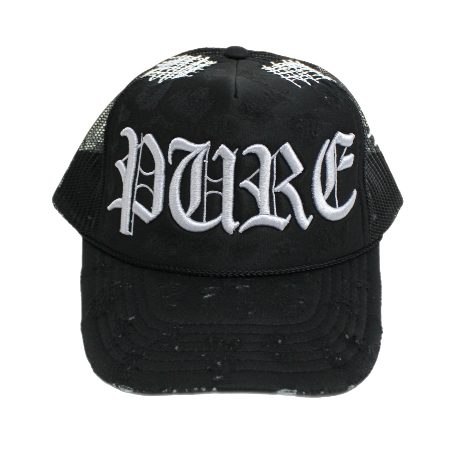 PAIN IS PURE 'PURE' LOGO NEEDLE REPAIR TRUCKER HAT BLACK/GREY