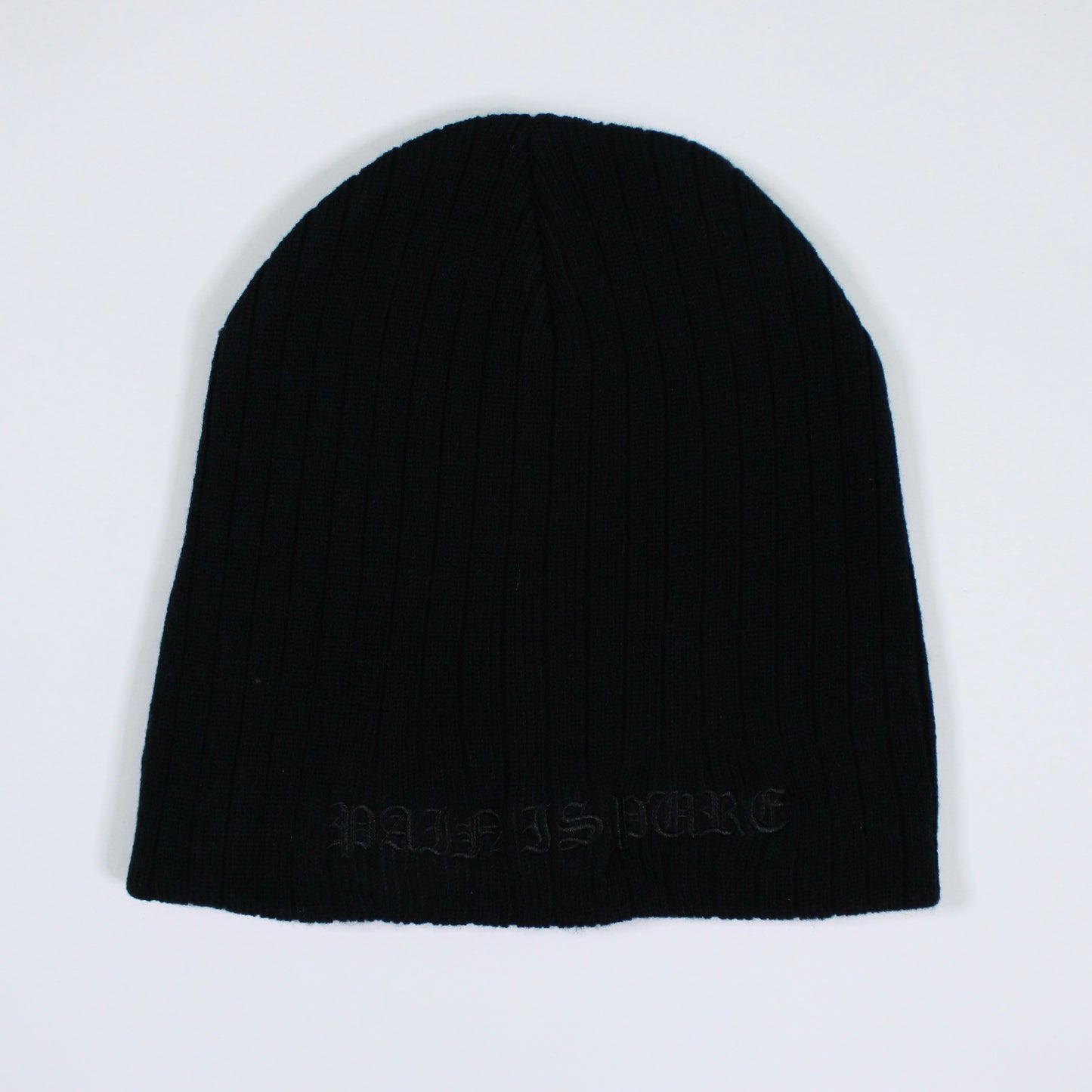 PAIN IS PURE ‘PURE’ LOGO RIBBED BEANIE BLACK/BLACK