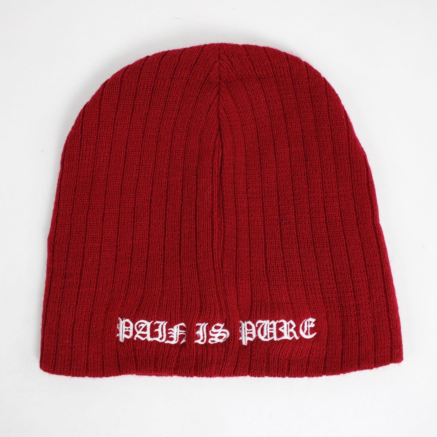 PAIN IS PURE ‘PURE’ LOGO RIBBED BEANIE RED/WHITE