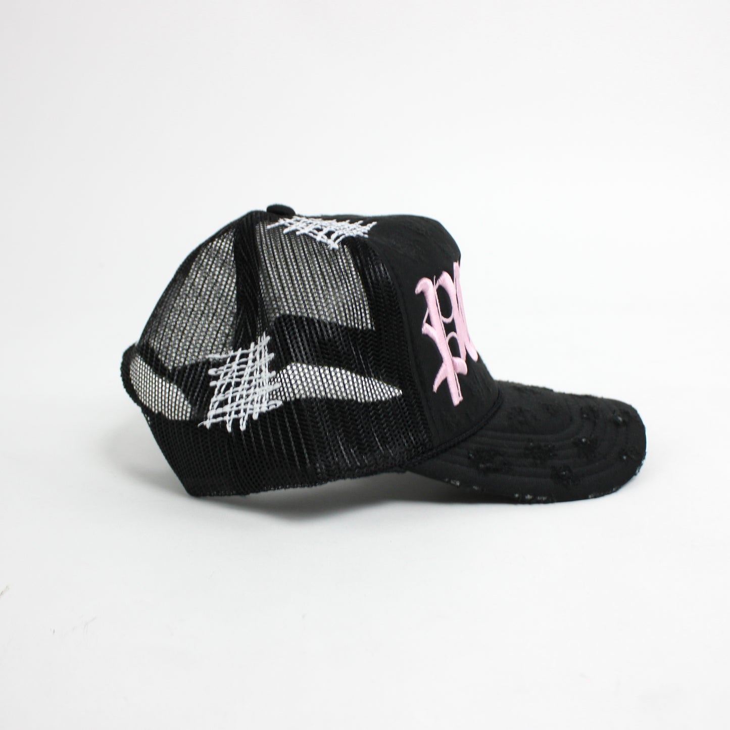 PAIN IS PURE 'PURE' LOGO NEEDLE REPAIR TRUCKER HAT BLACK/BABY PINK
