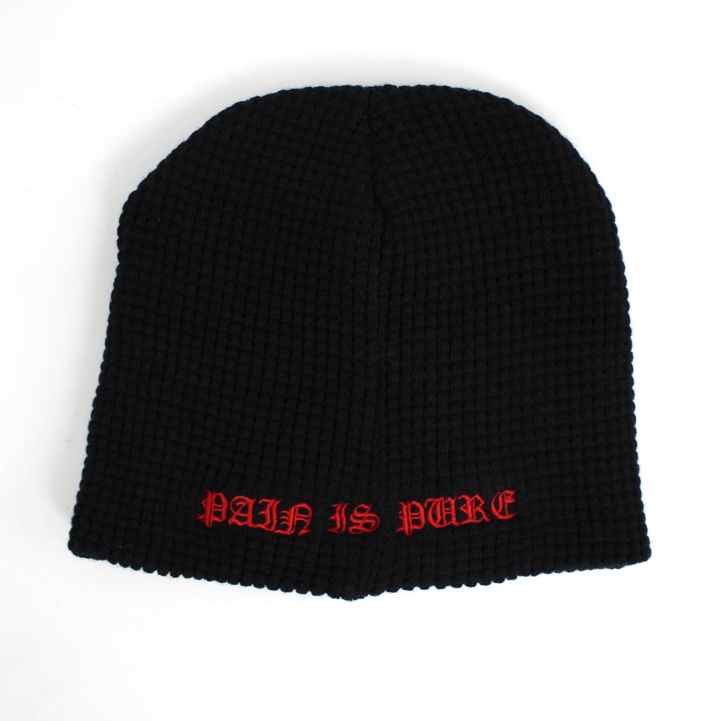 PAIN IS PURE ‘PURE’ LOGO TEXTURED BEANIE BLACK/SATIN RED