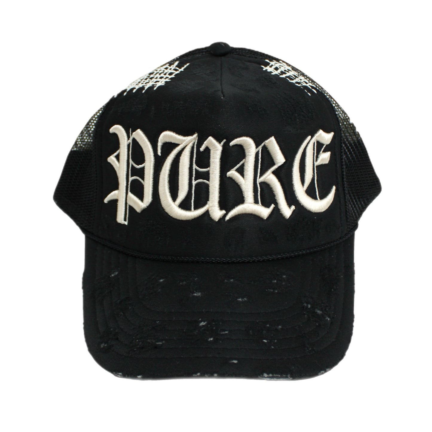 PAIN IS PURE 'PURE' LOGO NEEDLE REPAIR TRUCKER HAT BLACK/CREAM