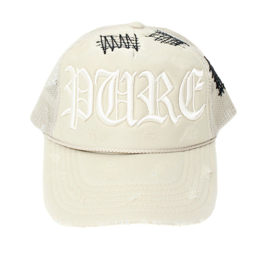 PAIN IS PURE 'PURE' LOGO NEEDLE REPAIR TRUCKER HAT CREAM