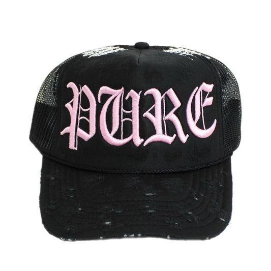 PAIN IS PURE 'PURE' LOGO NEEDLE REPAIR TRUCKER HAT BLACK/BABY PINK