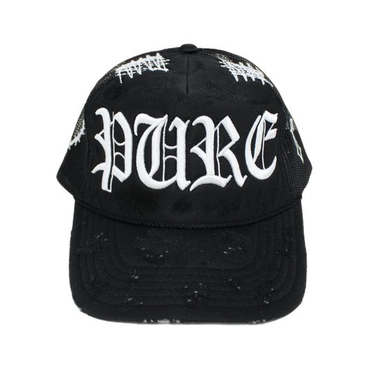 PAIN IS PURE 'PURE' LOGO NEEDLE REPAIR TRUCKER HAT BLACK/WHITE(LIMITED)