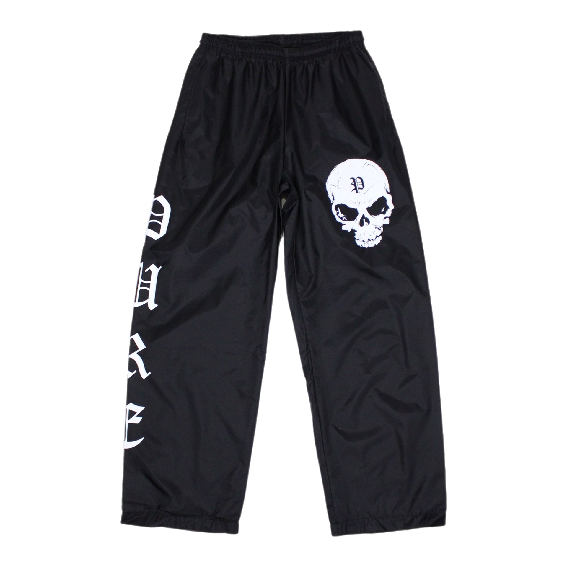 PAIN IS PURE ‘PURE’ SIDE LOGO SKULL NYLON PANTS BLACK/WHITE