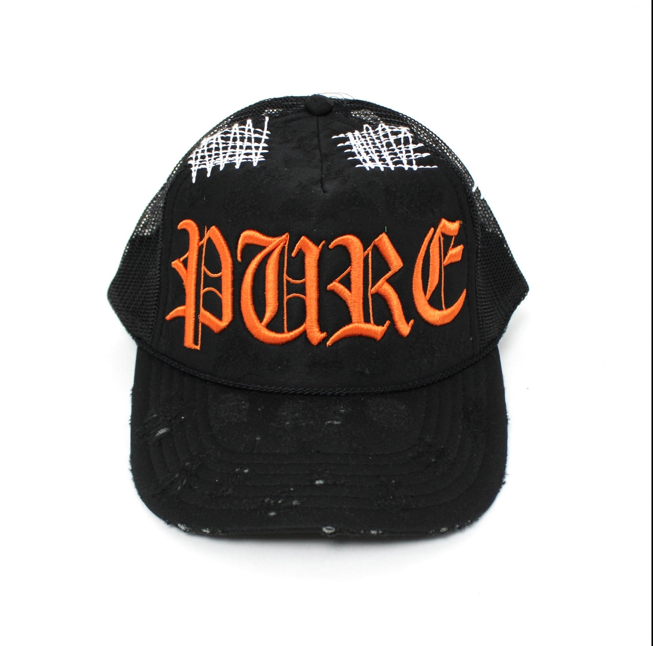 PAIN IS PURE 'PURE' LOGO NEEDLE REPAIR TRUCKER HAT BLACK/ORANGE