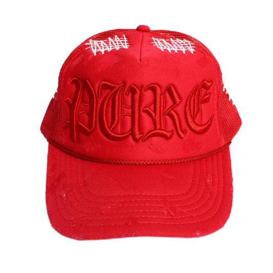 PAIN IS PURE 'PURE' LOGO NEEDLE REPAIR TRUCKER HAT RED/RED