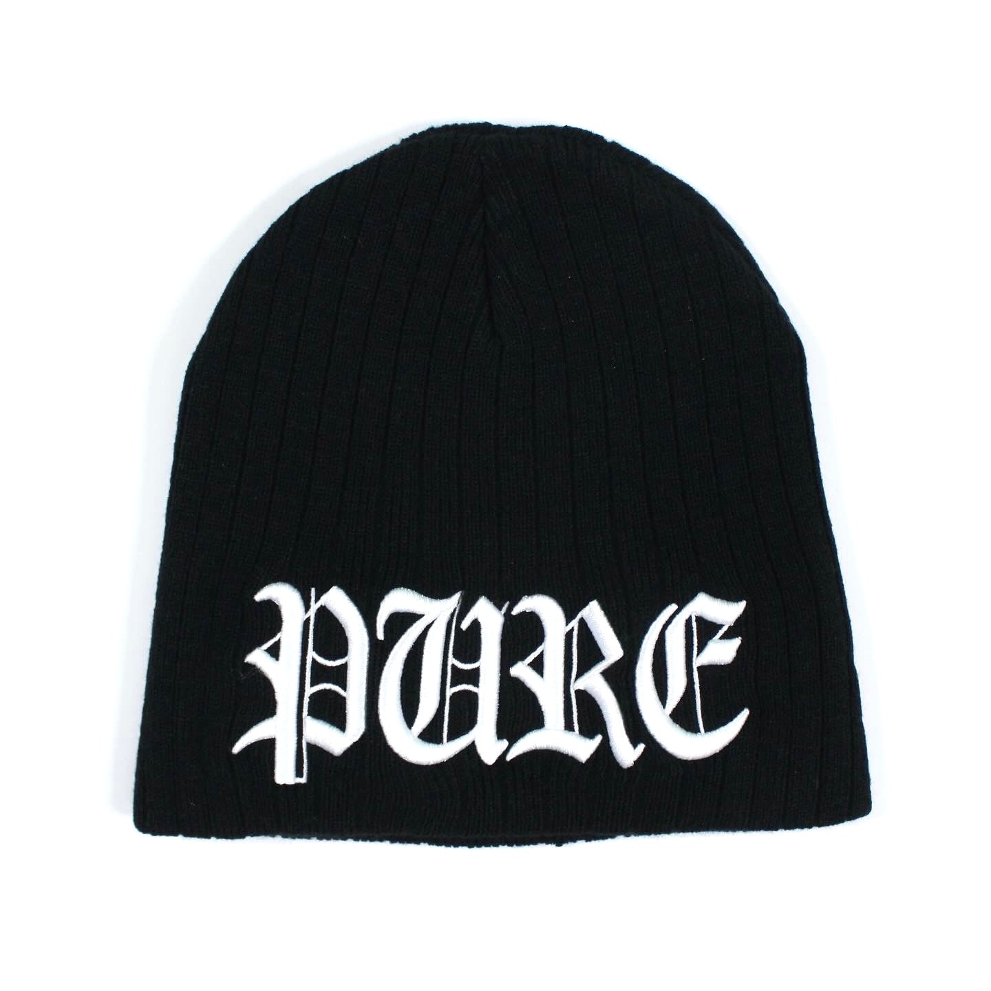 PAIN IS PURE ‘PURE’ LOGO RIBBED BEANIE BLACK/WHITE