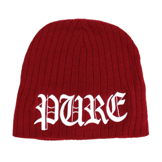 PAIN IS PURE ‘PURE’ LOGO RIBBED BEANIE RED/WHITE