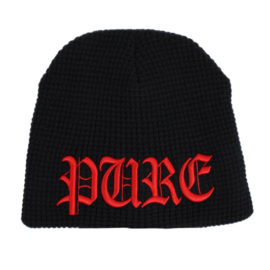 PAIN IS PURE ‘PURE’ LOGO TEXTURED BEANIE BLACK/SATIN RED