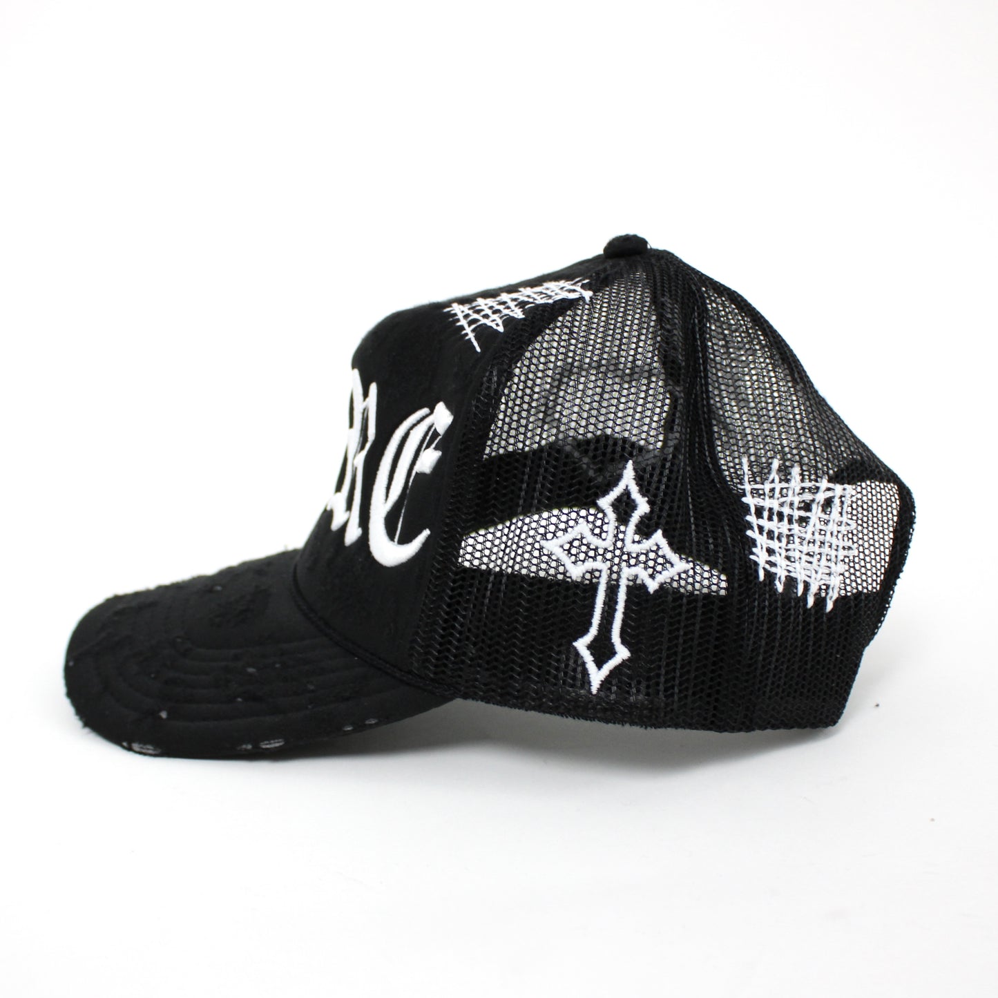 PAIN IS PURE 'PURE' LOGO NEEDLE REPAIR TRUCKER HAT BLACK/WHITE(LIMITED)