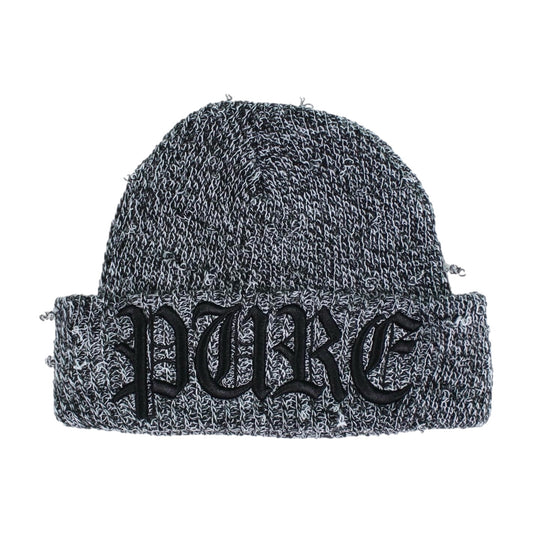 PAIN IS PURE ‘PURE’ LOGO HAND-DISTRESSED KNIT BEANIE BLACK/WHITE