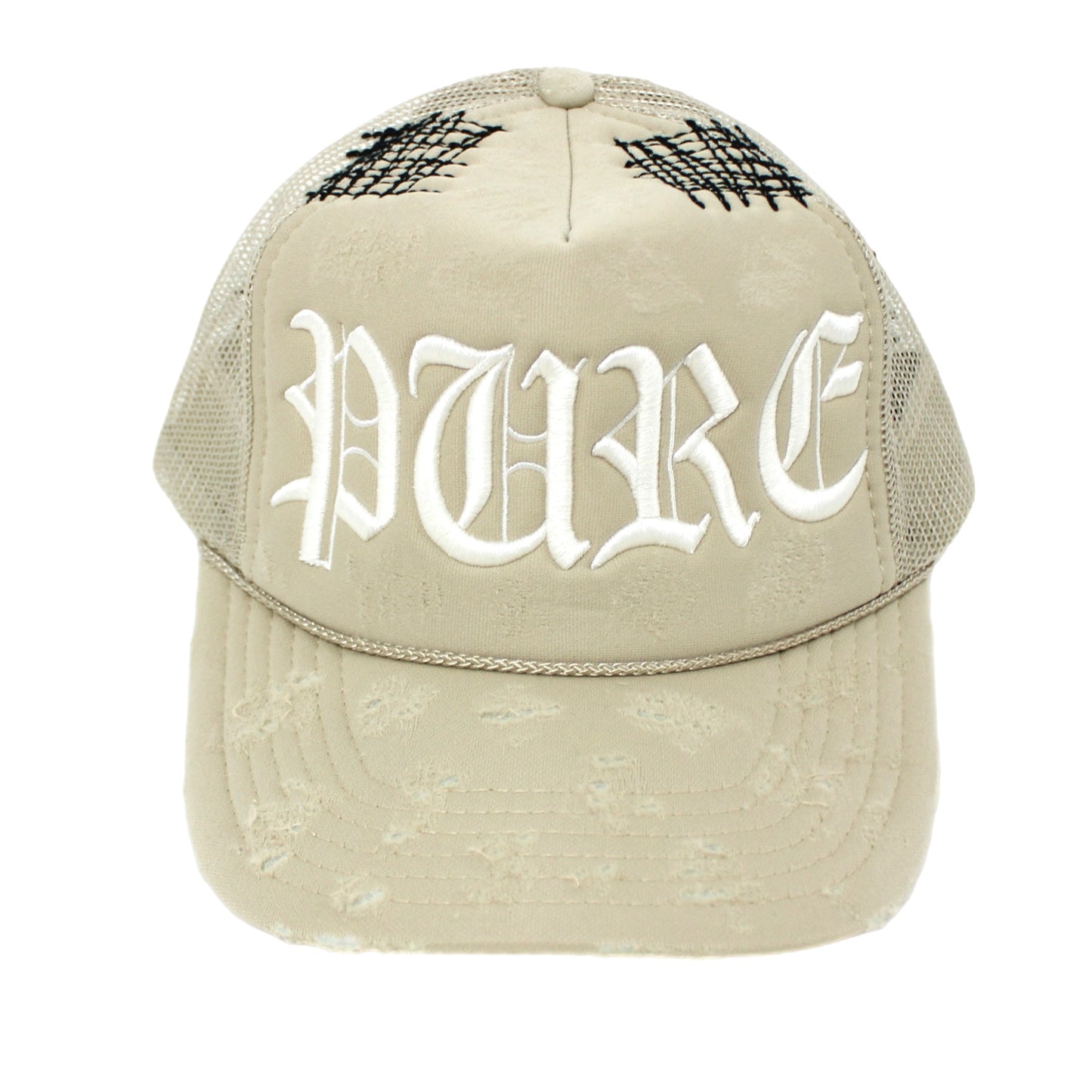 PAIN IS PURE 'PURE' LOGO NEEDLE REPAIR TRUCKER HAT TAN/LIGHT CREAM