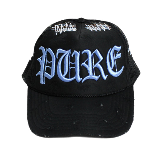 PAIN IS PURE 'PURE' LOGO NEEDLE REPAIR TRUCKER HAT BLACK/BLUE