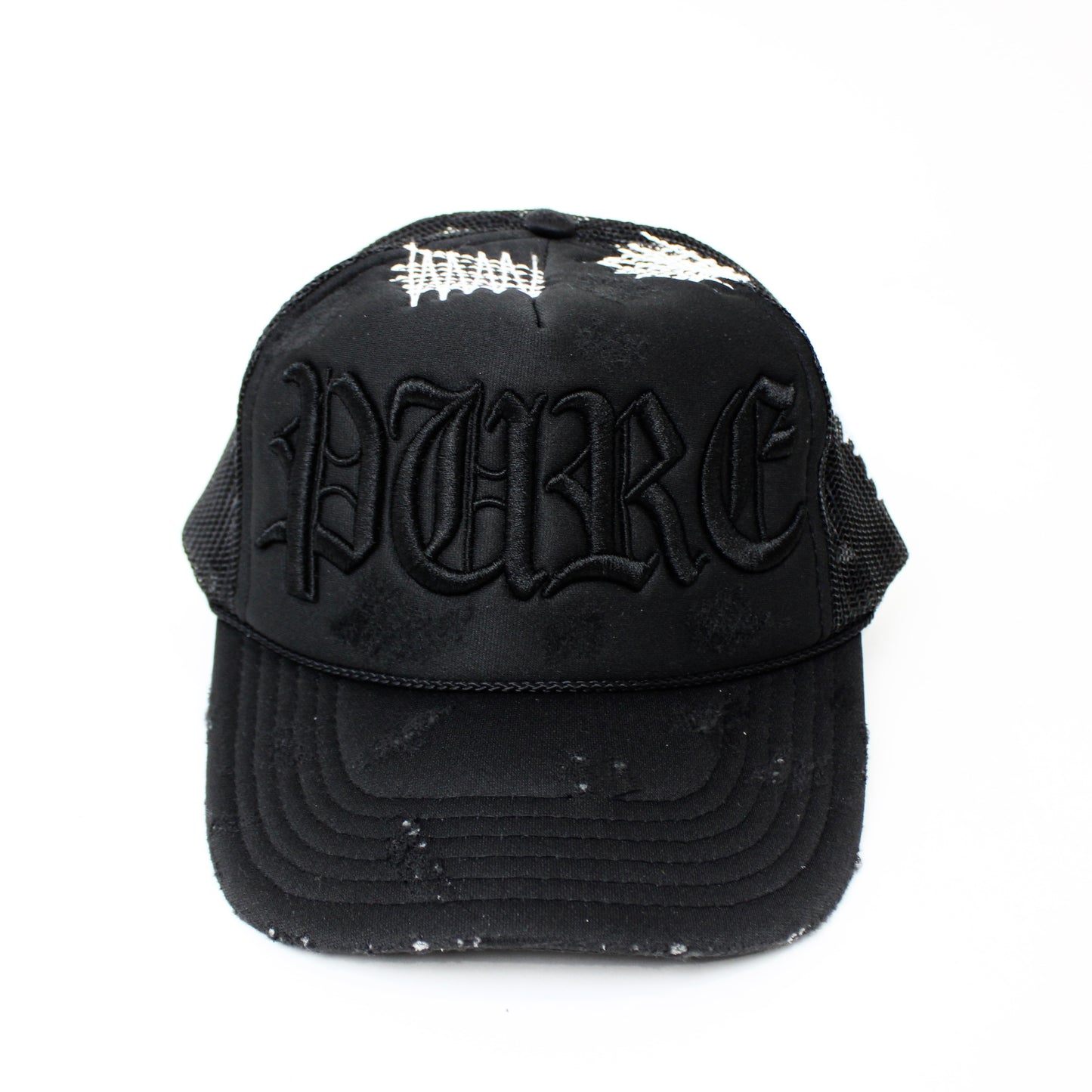 PAIN IS PURE 'PURE' LOGO NEEDLE REPAIR TRUCKER HAT BLACK/BLACK