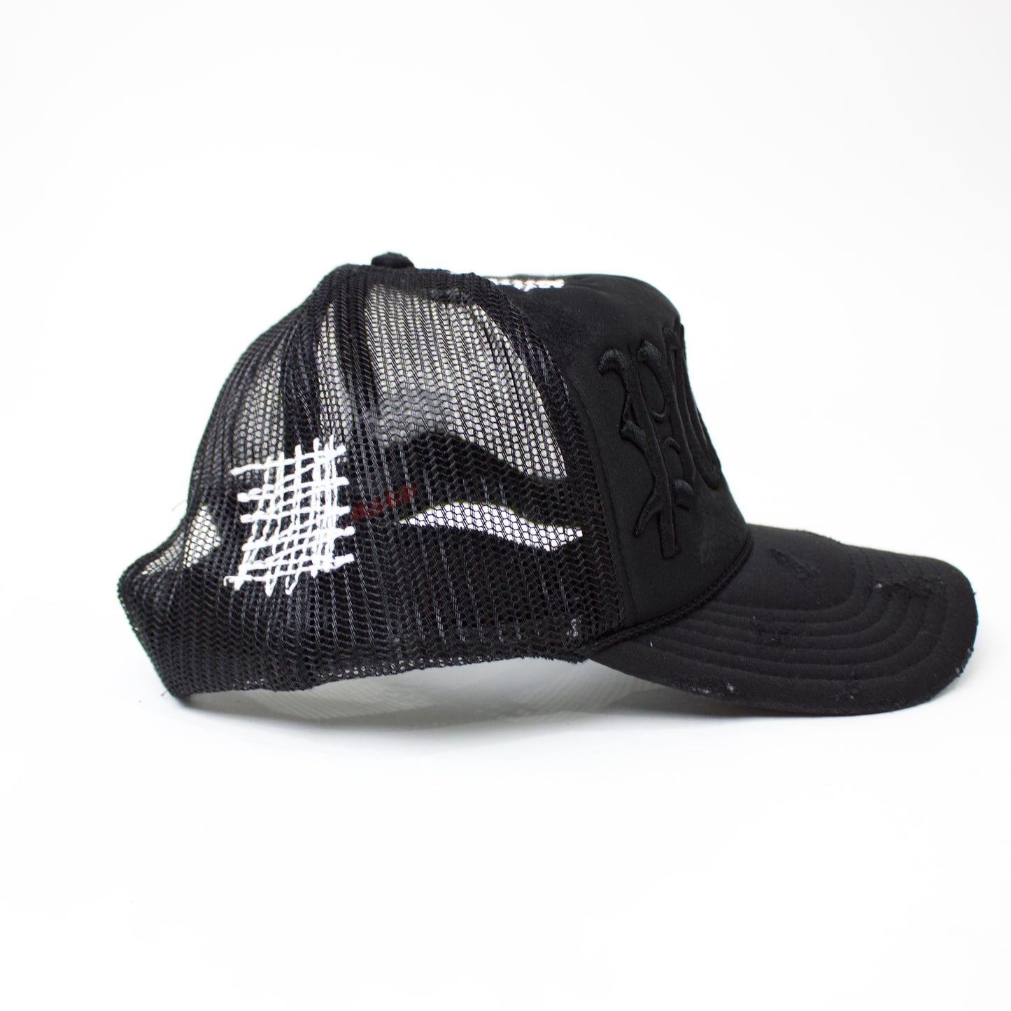 PAIN IS PURE 'PURE' LOGO NEEDLE REPAIR TRUCKER HAT BLACK/BLACK