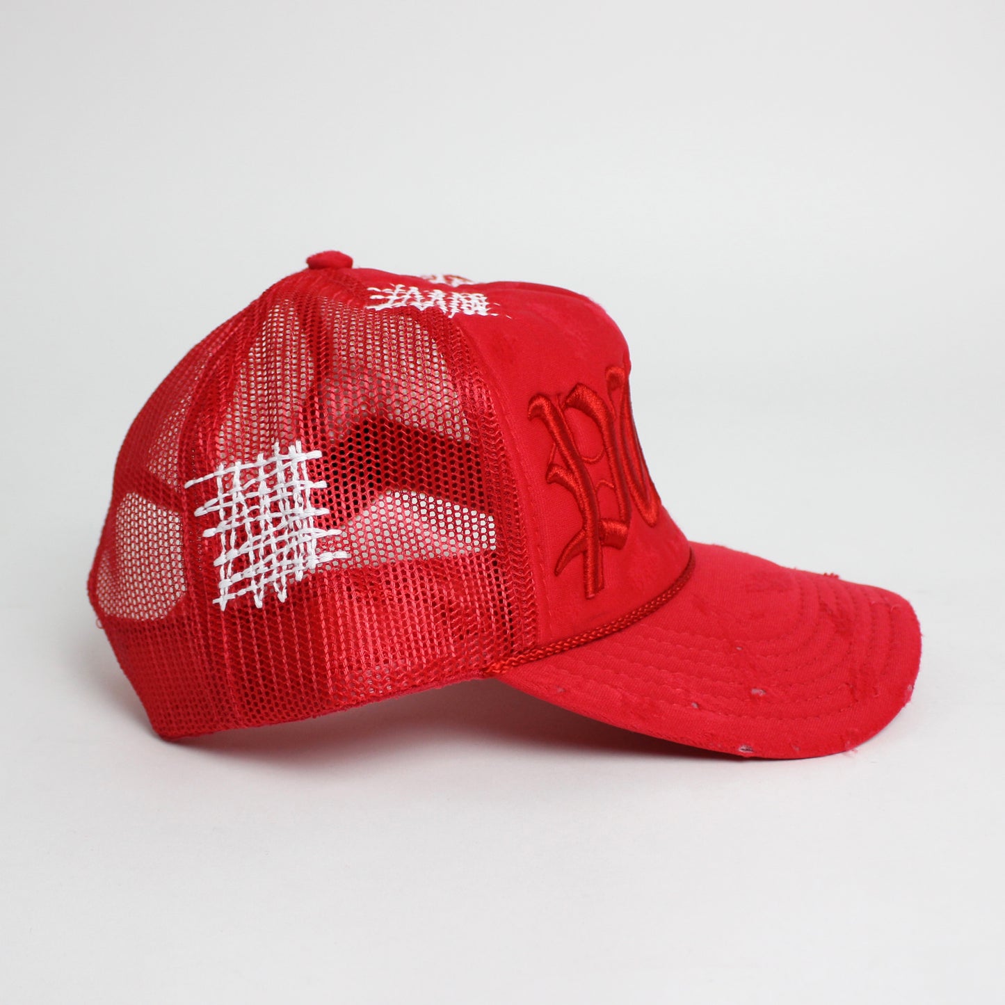 PAIN IS PURE 'PURE' LOGO NEEDLE REPAIR TRUCKER HAT RED/RED