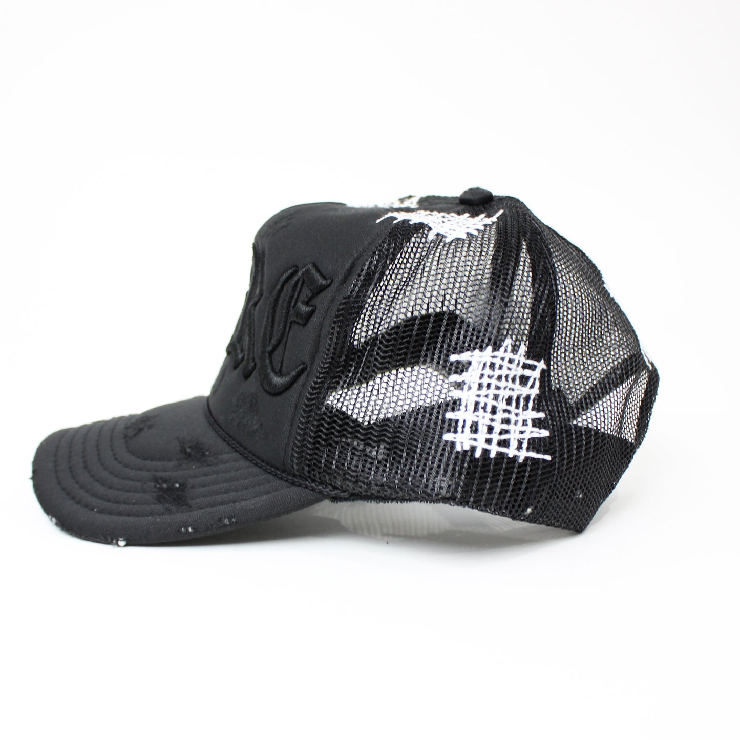 PAIN IS PURE 'PURE' LOGO NEEDLE REPAIR TRUCKER HAT BLACK/BLACK